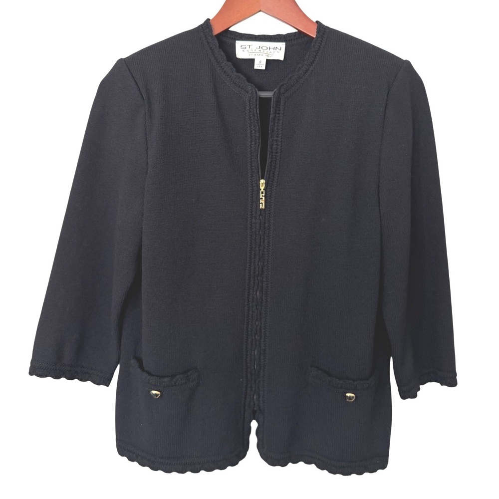 St. John Essentials Marie Gray Black Knit Zip Front Cardigan Jacket Size 6